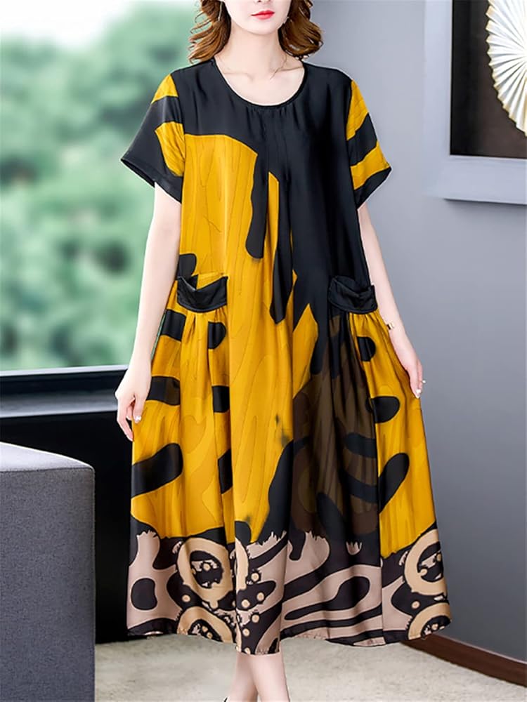 Women's Patchwork Print Midi Dress Summer Short Sleeve Satin